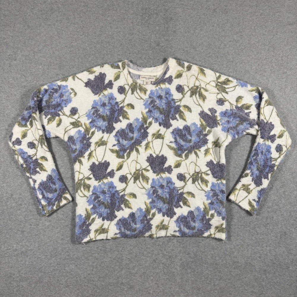 Laura Ashley Floral Fuzzy Knit Pullover Sweater Women's S Blue White Crewneck